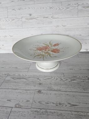 Vintage Porcelain Pedestal Cake Stand with Pink Floral Design and Gold Trim